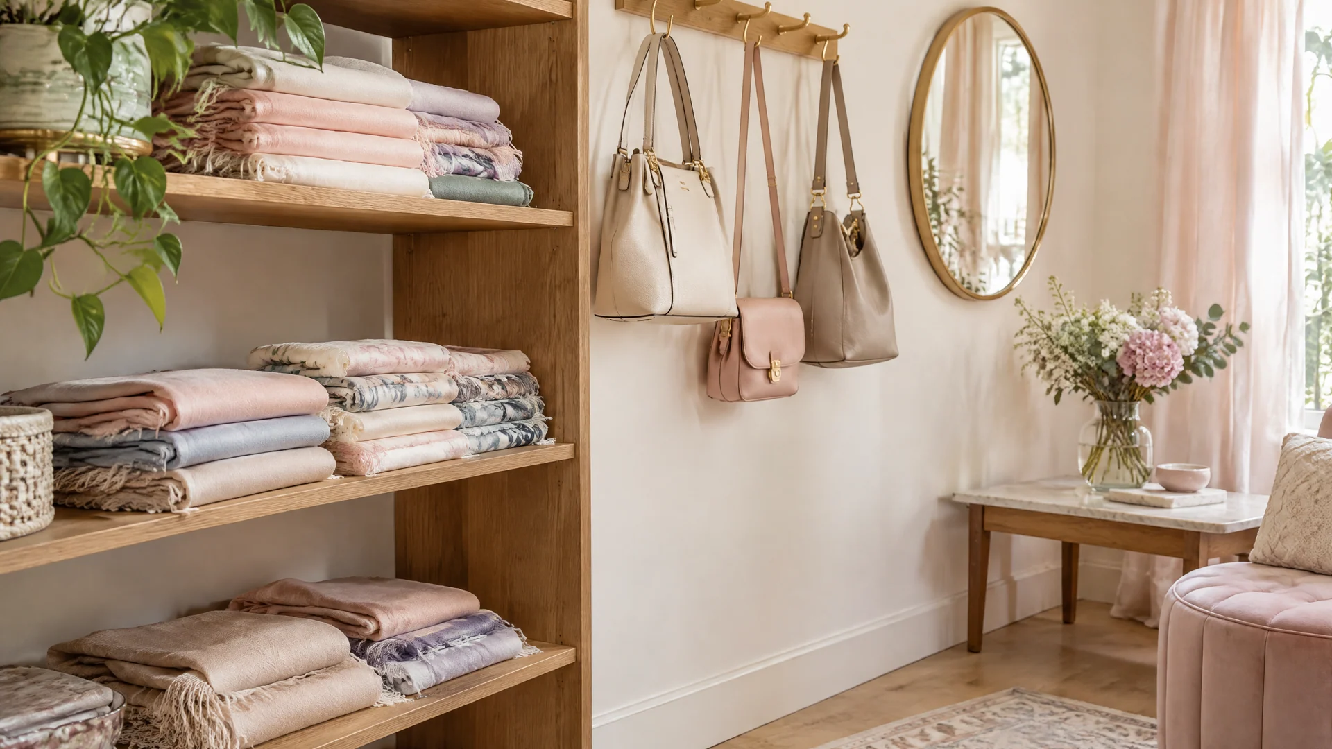 Shelves of folded pastel scarves beside handbags hanging on hooks and a round gold-tone mirror